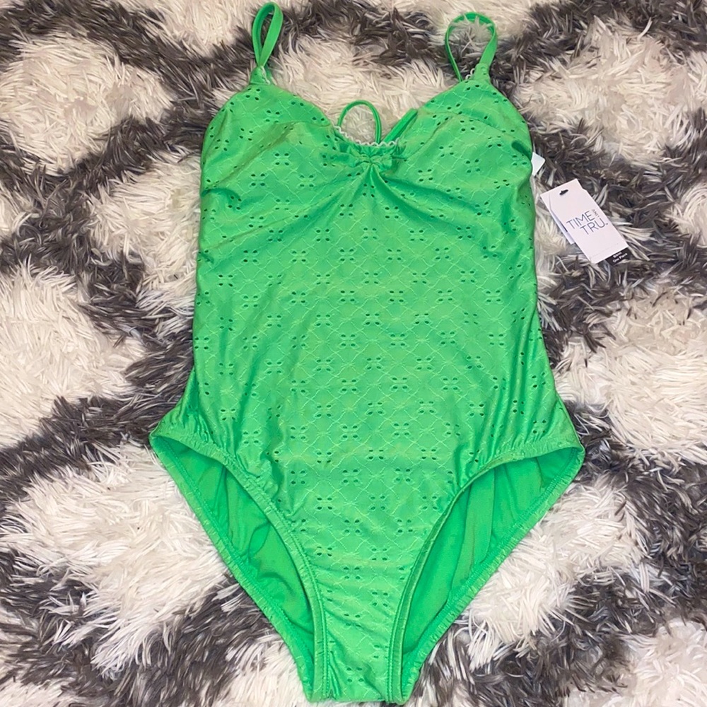 Green criss cross back scrunched front one piece